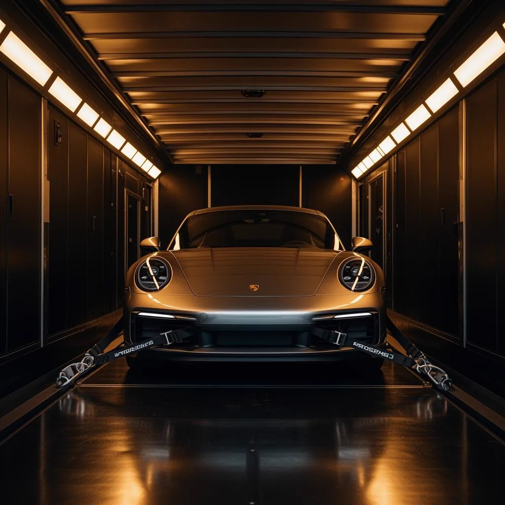 Porsche 911 secured in enclosed transport trailer