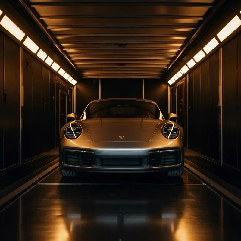 Porsche 911 secured in enclosed transport trailer