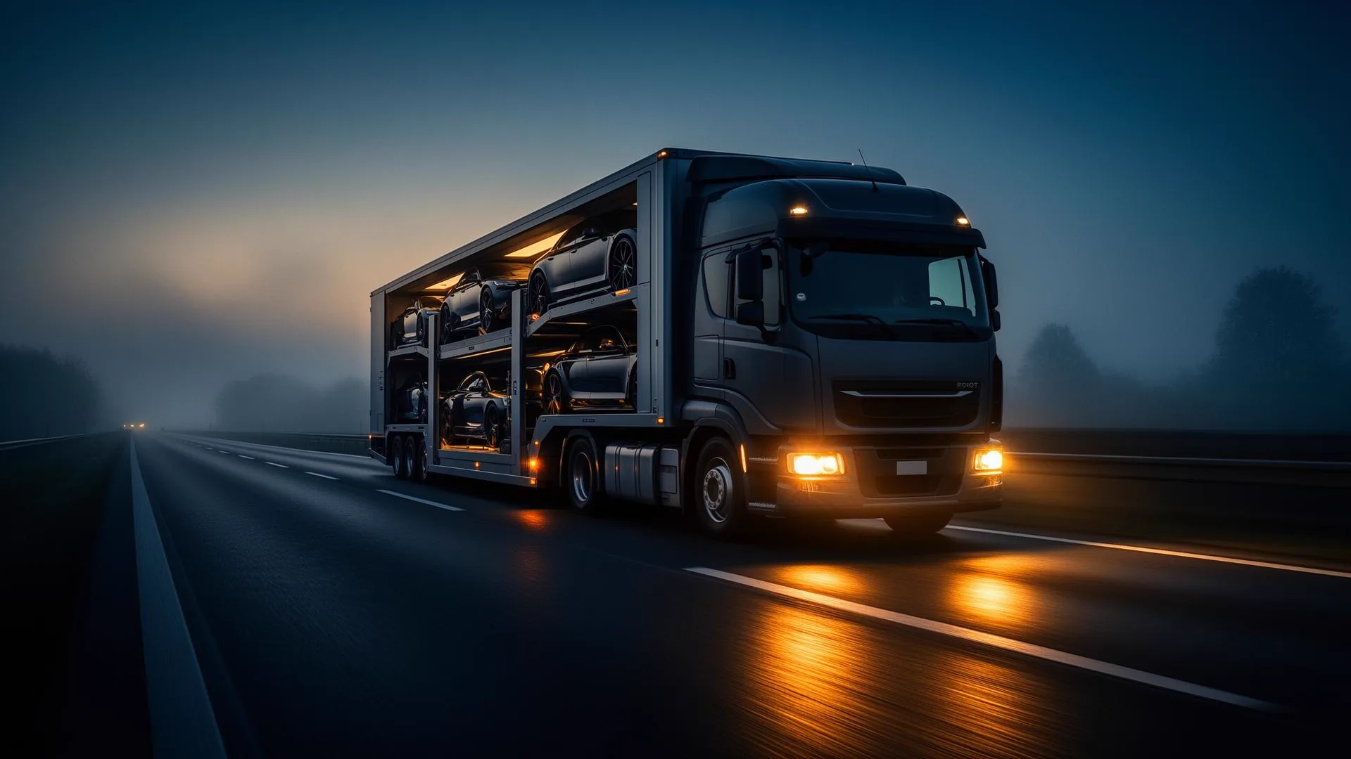 Premium auto transport carrier on an empty highway at dusk