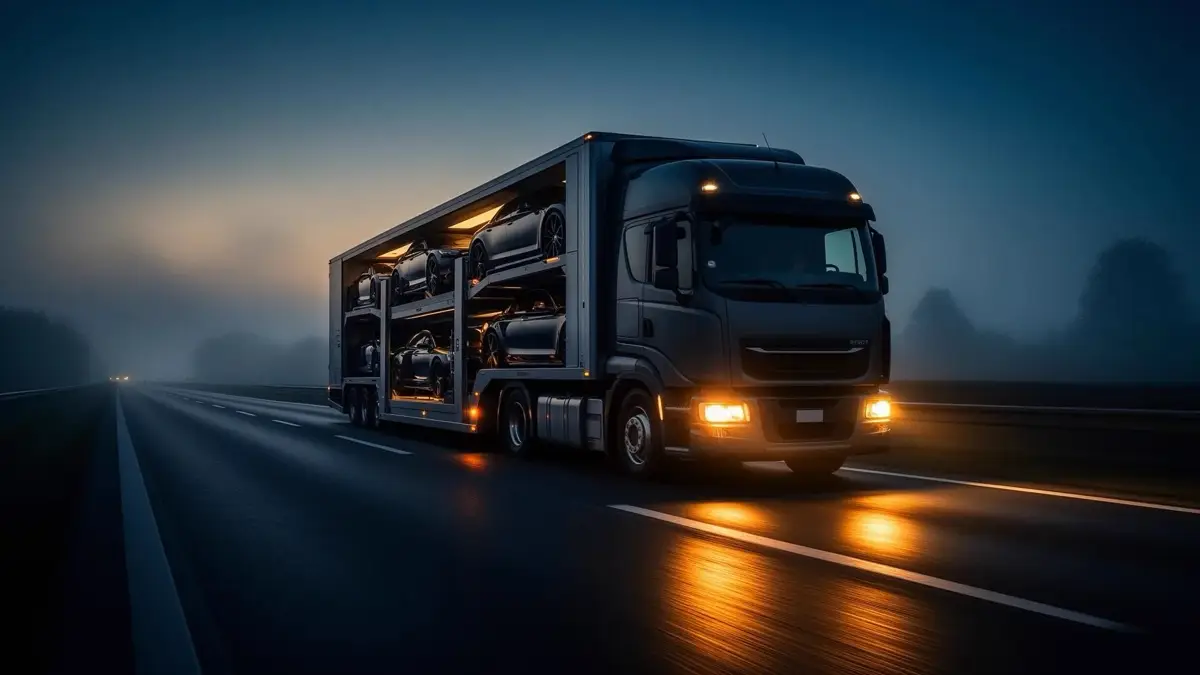 Premium auto transport carrier on an empty highway at dusk
