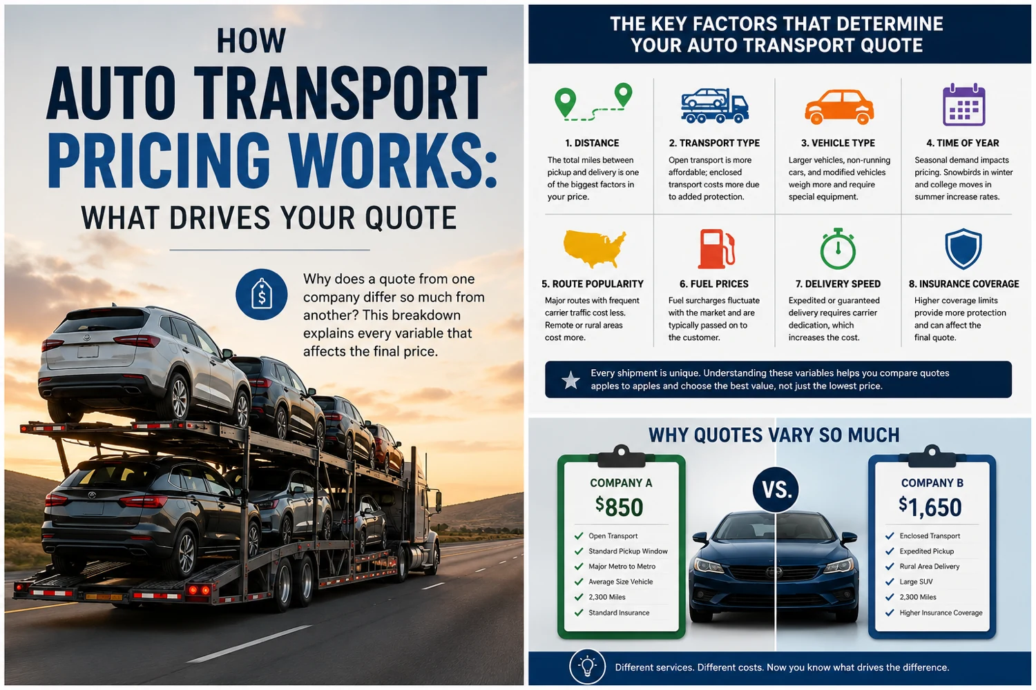 Infographic showing the eight key factors that determine an auto transport quote and an example comparison of two illustrative quotes