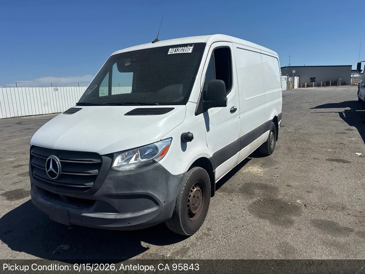 White standard-roof Mercedes Sprinter cargo van at pickup-condition inspection in Antelope, California near Sacramento